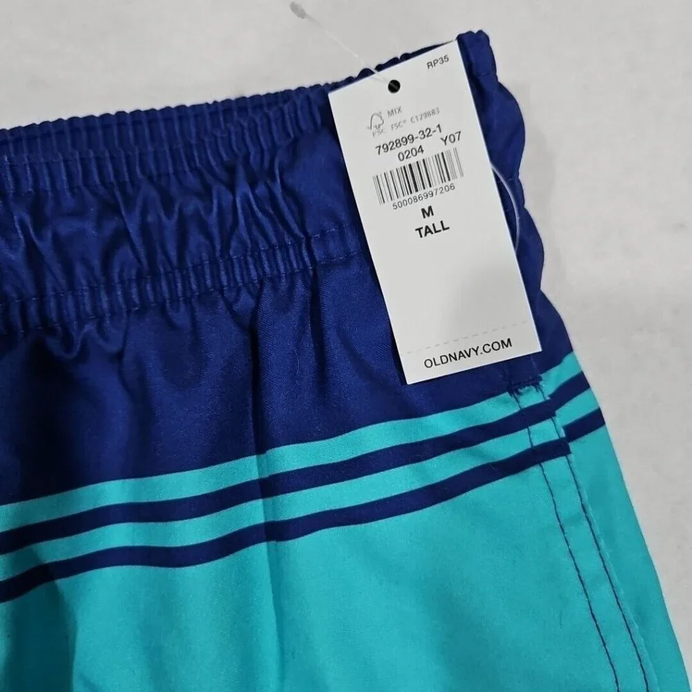 Old Navy Mens Medium Tall Blue Teal Striped‎ Swim Trunks Board Shorts Surf